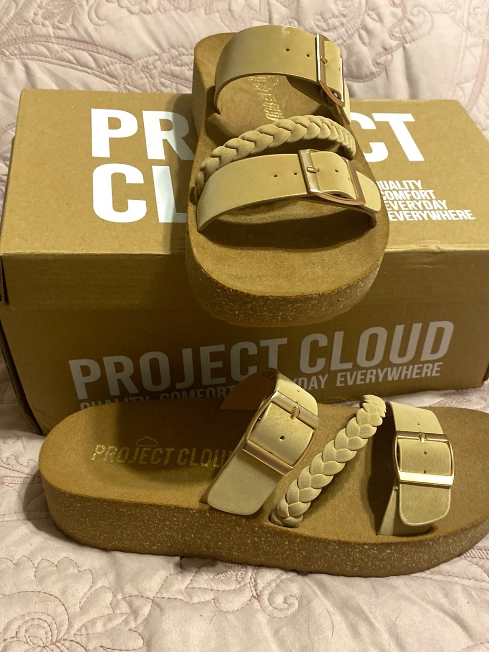 Project Cloud Women's Cream Braided Strap Platform Sandals